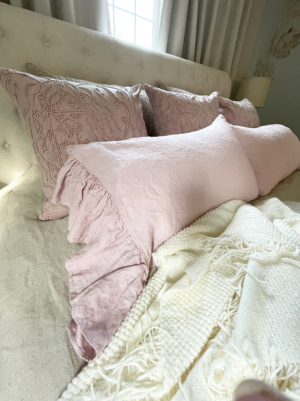 Linen Ruffled Pillow Shams, Pink Ruffled Pillowcase, Custom Pillowcases, Ruffled Decorative Pillow Cover - Mothers Day Gift For Her