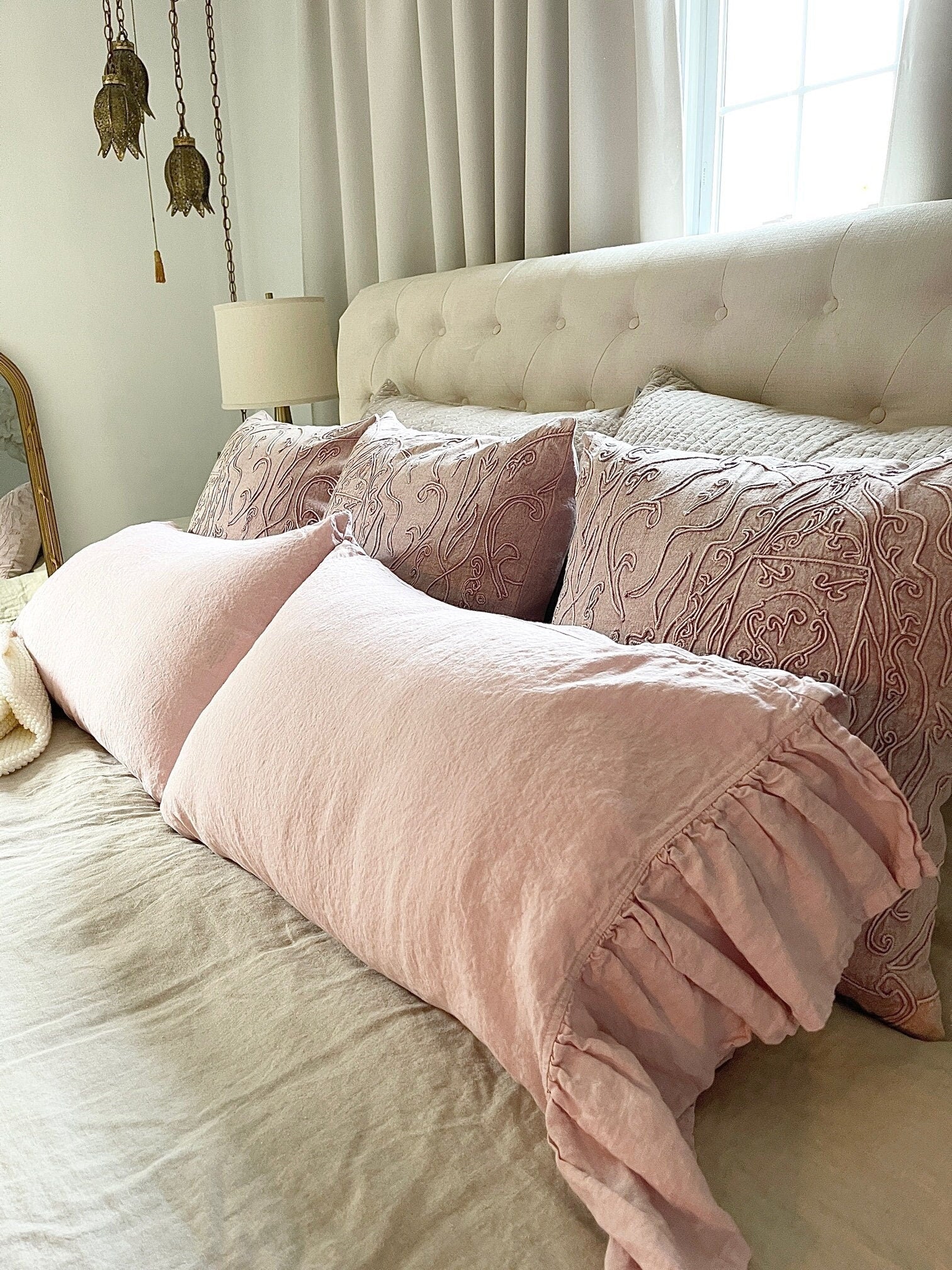 Linen Ruffled Pillow Shams, Pink Ruffled Pillowcase, Custom Pillowcases, Ruffled Decorative Pillow Cover - Mothers Day Gift For Her