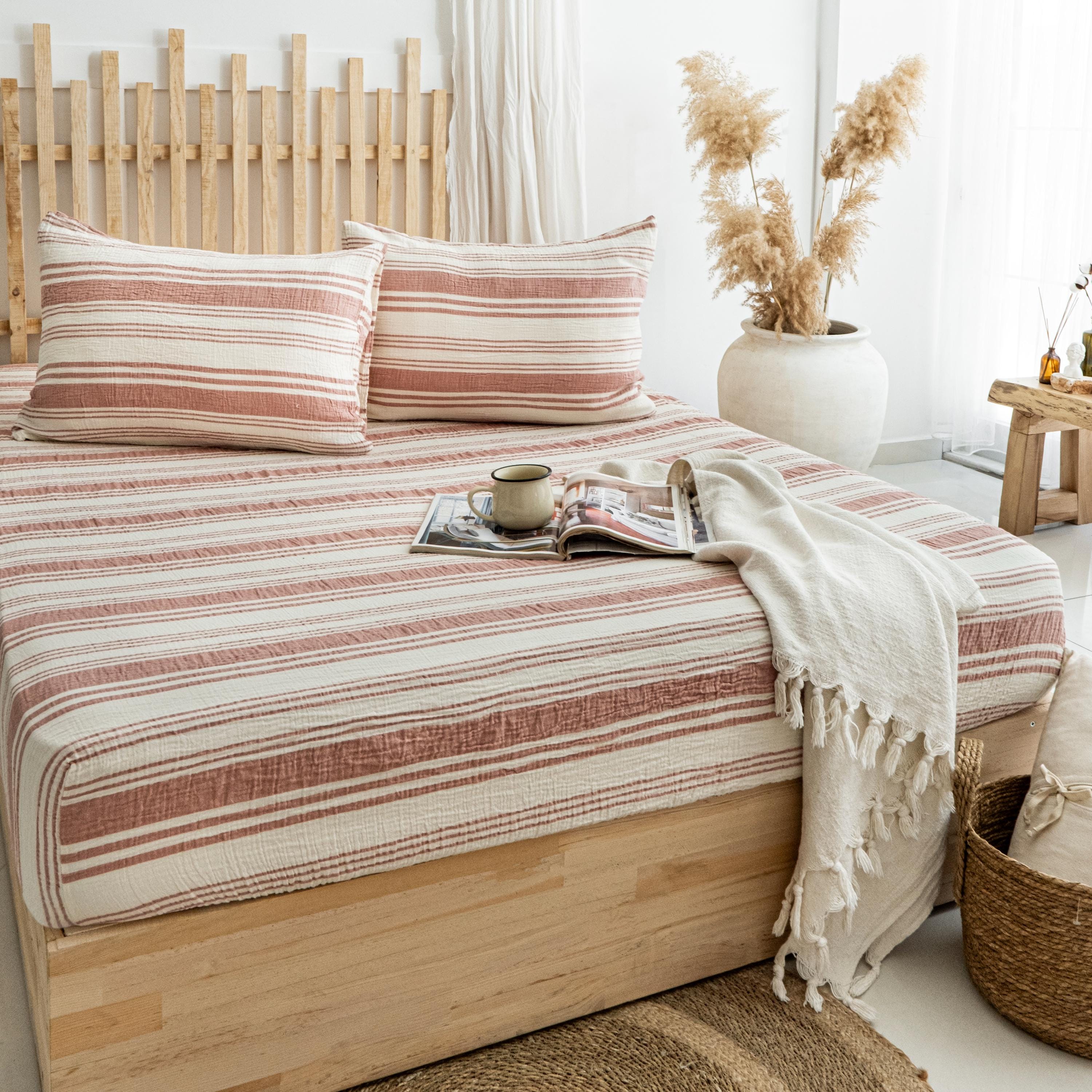 Washed Muslin Fitted Sheet, Organic Muslin Fitted Bed Sheet, Gots Certified Cotton Bedding, Breathable Cotton Sheet, King, Queen Size Fitted