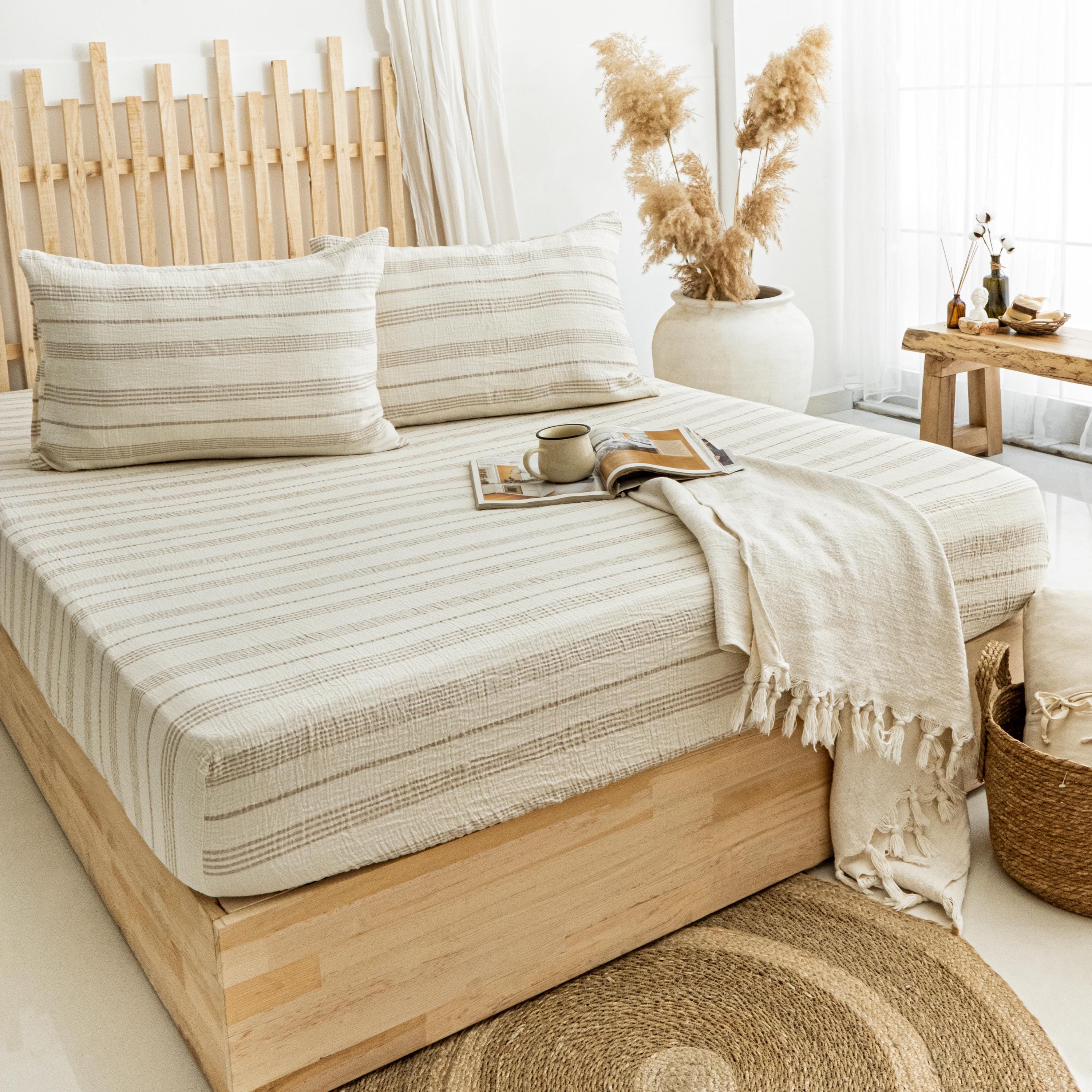 Washed Muslin Fitted Sheet, Organic Muslin Fitted Bed Sheet, Gots Certified Cotton Bedding, Breathable Cotton Sheet, King, Queen Size Fitted